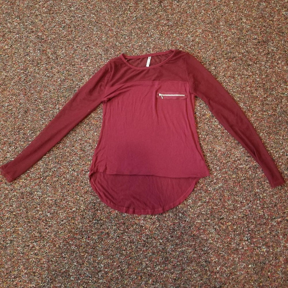 Red long-sleeved up-down shirt with sheer sleeves